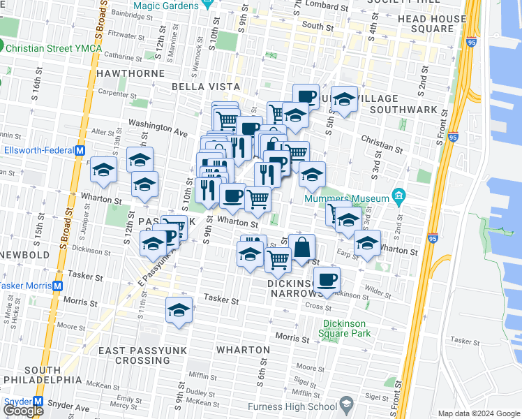 map of restaurants, bars, coffee shops, grocery stores, and more near 1214 South 7th Street in Philadelphia