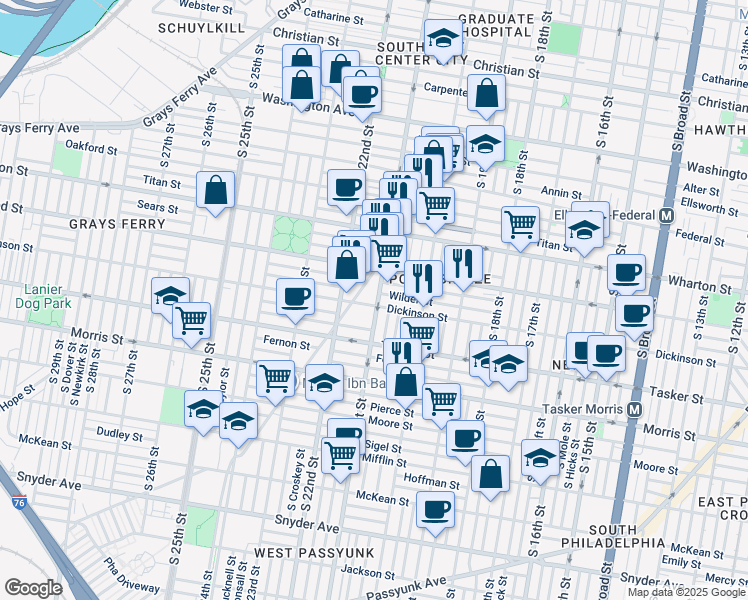 map of restaurants, bars, coffee shops, grocery stores, and more near 1446 South 21st Street in Philadelphia