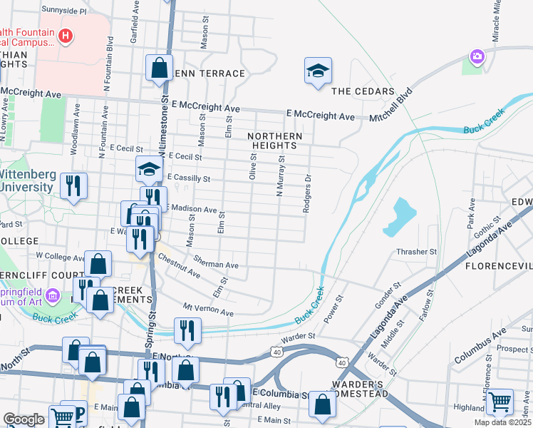 map of restaurants, bars, coffee shops, grocery stores, and more near 604 East Madison Avenue in Springfield