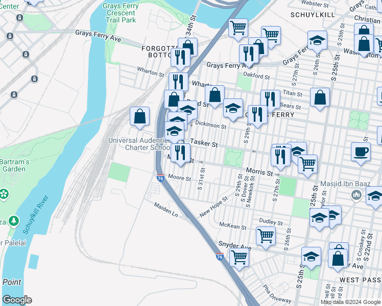 map of restaurants, bars, coffee shops, grocery stores, and more near 1604 South Corlies Street in Philadelphia
