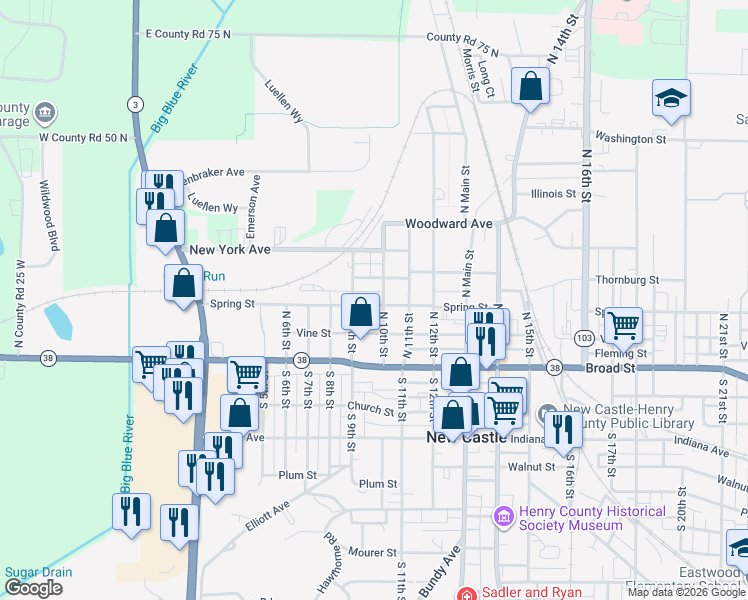 map of restaurants, bars, coffee shops, grocery stores, and more near 221 North 10th Street in New Castle