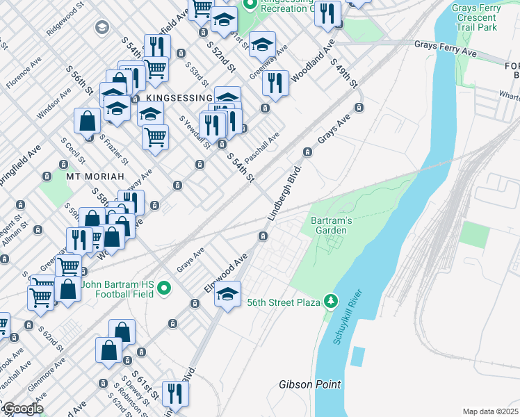 map of restaurants, bars, coffee shops, grocery stores, and more near 5400 Grays Avenue in Philadelphia