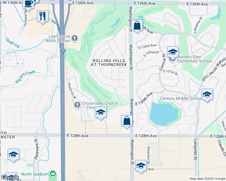 map of restaurants, bars, coffee shops, grocery stores, and more near 13031 Logan Street in Thornton