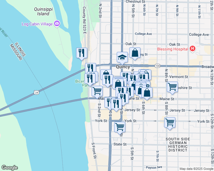 map of restaurants, bars, coffee shops, grocery stores, and more near 225 Hampshire Street in Quincy
