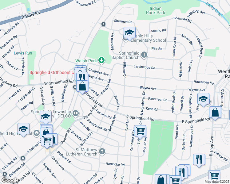 map of restaurants, bars, coffee shops, grocery stores, and more near 227 School Lane in Springfield