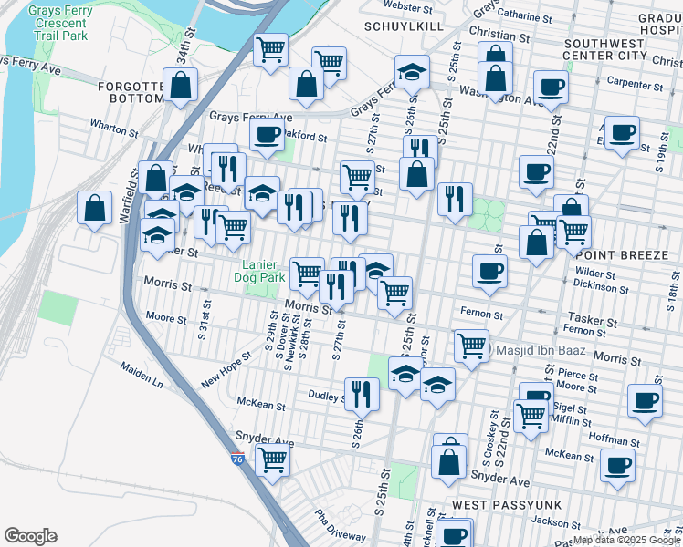 map of restaurants, bars, coffee shops, grocery stores, and more near 2711 Tasker Street in Philadelphia