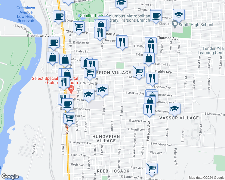 map of restaurants, bars, coffee shops, grocery stores, and more near 246 East Jenkins Avenue in Columbus