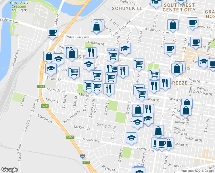 map of restaurants, bars, coffee shops, grocery stores, and more near 2711 Tasker Street in Philadelphia