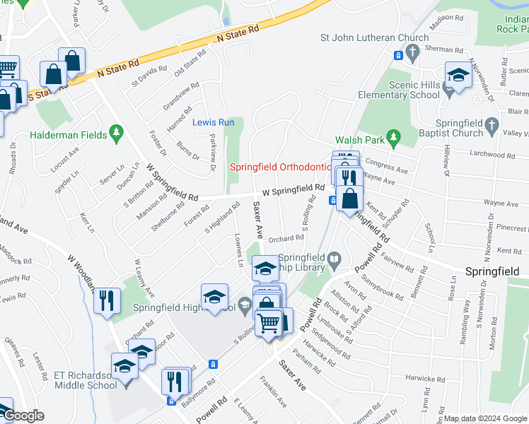 map of restaurants, bars, coffee shops, grocery stores, and more near 23 Saxer Avenue in Springfield