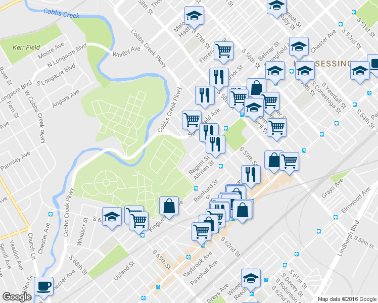 map of restaurants, bars, coffee shops, grocery stores, and more near 6039 Trinity Street in Philadelphia