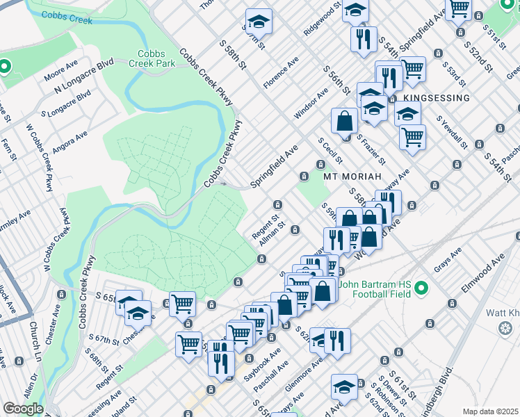 map of restaurants, bars, coffee shops, grocery stores, and more near 6026 Trinity Street in Philadelphia