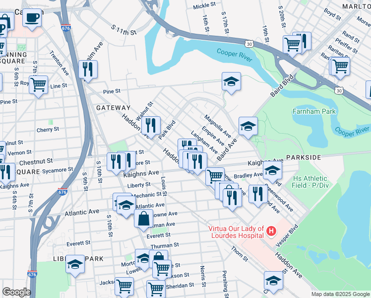 map of restaurants, bars, coffee shops, grocery stores, and more near 1189 Haddon Avenue in Camden