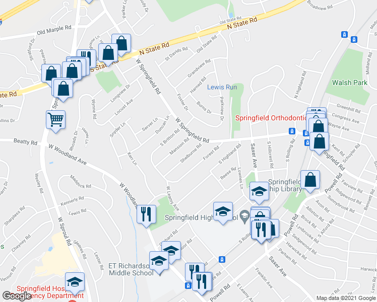map of restaurants, bars, coffee shops, grocery stores, and more near 38 Shelburne Road in Springfield