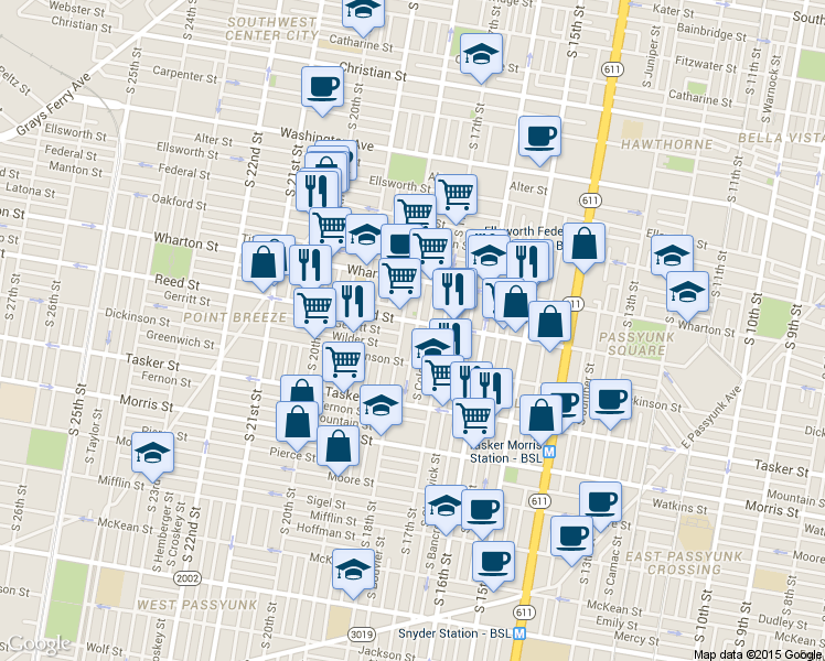 map of restaurants, bars, coffee shops, grocery stores, and more near 1406 South Bouvier Street in Philadelphia