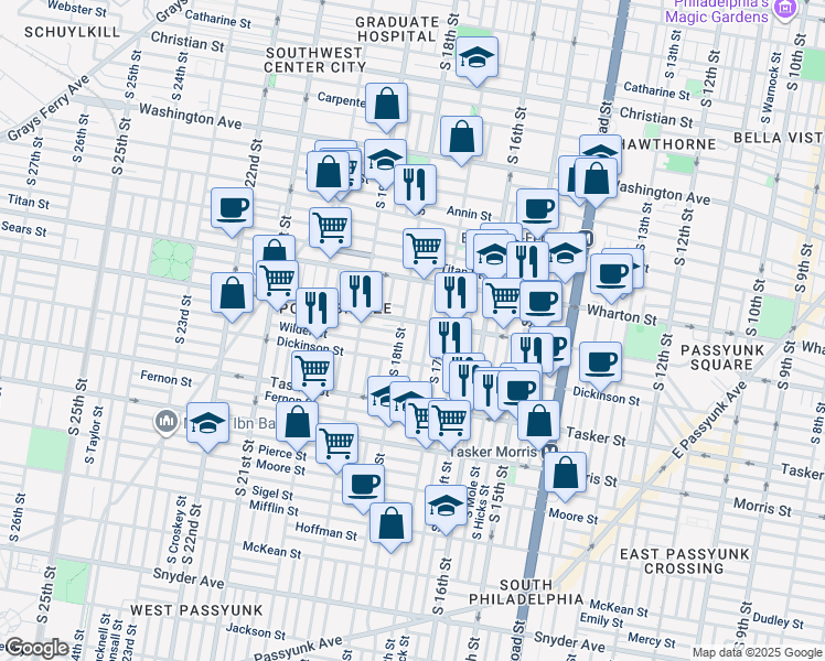 map of restaurants, bars, coffee shops, grocery stores, and more near 1406 South Bouvier Street in Philadelphia