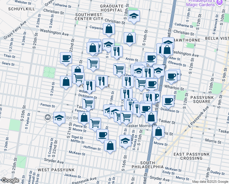 map of restaurants, bars, coffee shops, grocery stores, and more near 1405 South 18th Street in Philadelphia