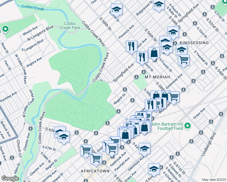 map of restaurants, bars, coffee shops, grocery stores, and more near 6039 Trinity Street in Philadelphia