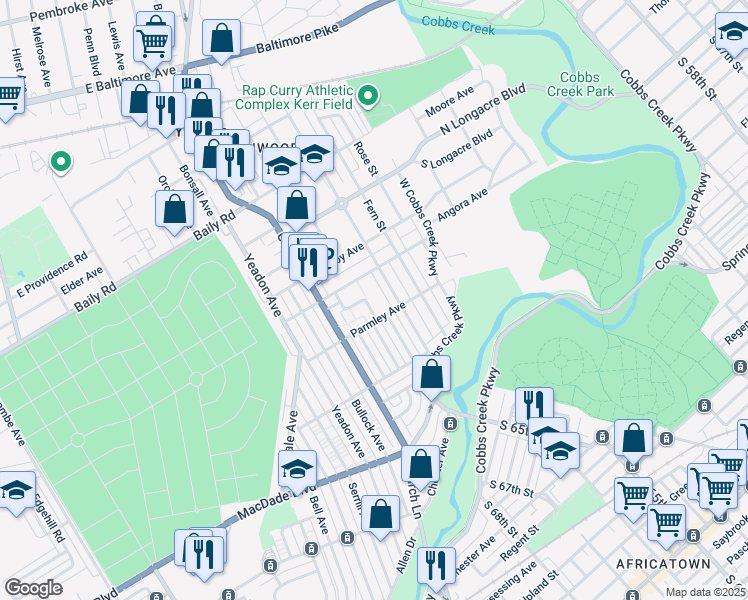 map of restaurants, bars, coffee shops, grocery stores, and more near 743 Revere Road in Yeadon
