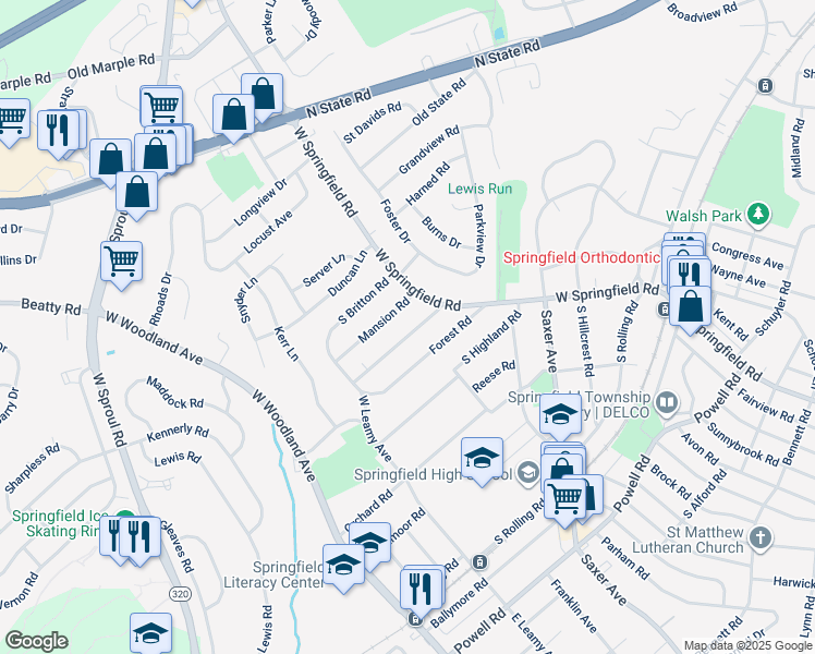 map of restaurants, bars, coffee shops, grocery stores, and more near 38 Shelburne Road in Springfield