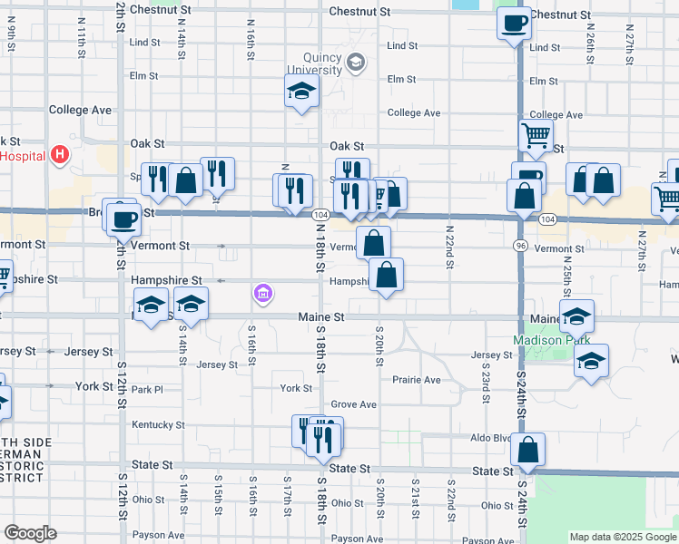 map of restaurants, bars, coffee shops, grocery stores, and more near 1850 Hampshire Street in Quincy