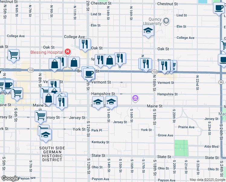 map of restaurants, bars, coffee shops, grocery stores, and more near 1415 Hampshire Street in Quincy