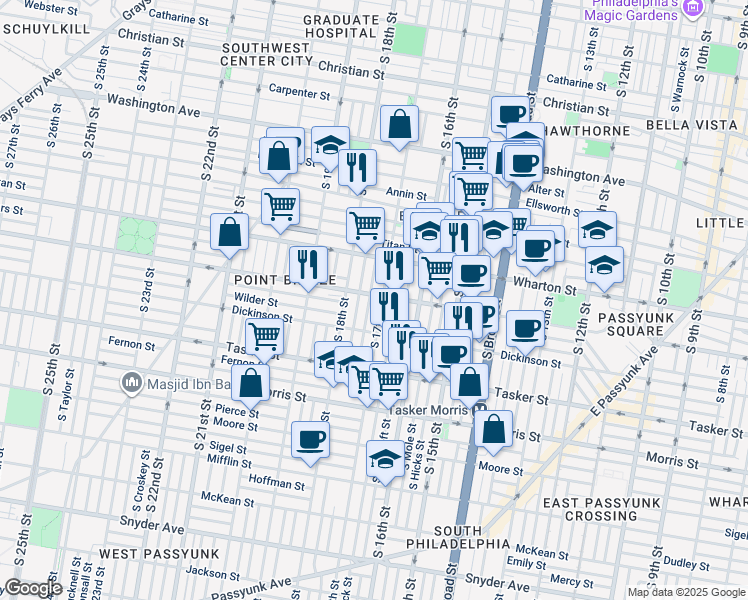map of restaurants, bars, coffee shops, grocery stores, and more near 1708 Reed Street in Philadelphia