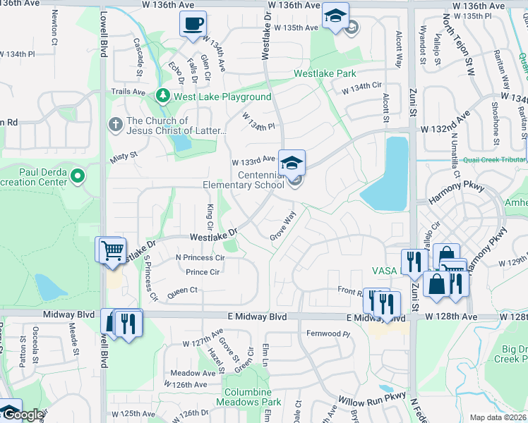 map of restaurants, bars, coffee shops, grocery stores, and more near 2926 West 131st Way in Broomfield
