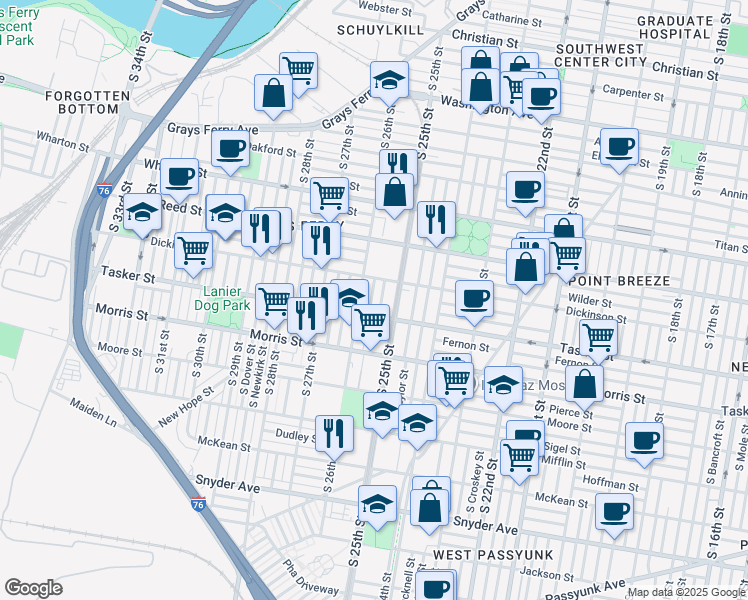map of restaurants, bars, coffee shops, grocery stores, and more near 1553 South Bambrey Street in Philadelphia