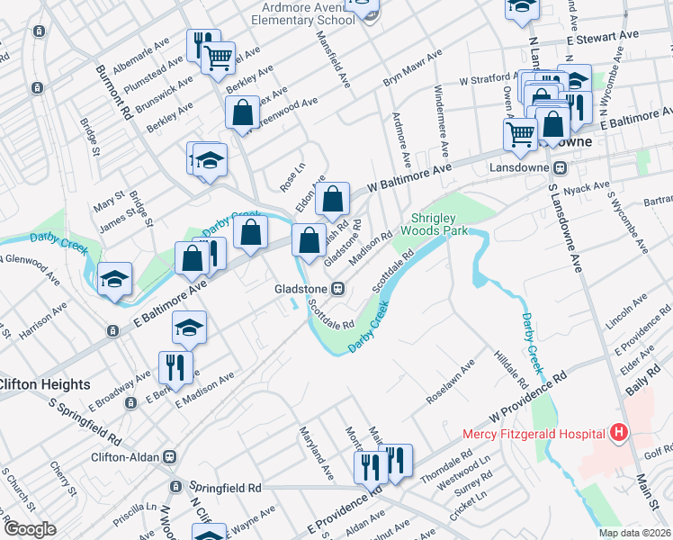 map of restaurants, bars, coffee shops, grocery stores, and more near 126 Madison Road in Lansdowne