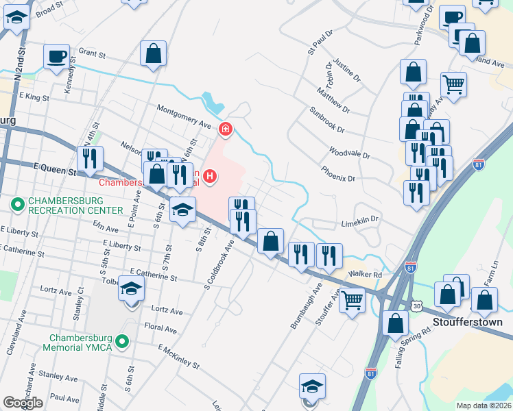 map of restaurants, bars, coffee shops, grocery stores, and more near 101 North Coldbrook Avenue in Chambersburg