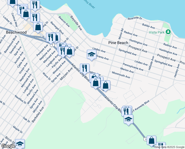 map of restaurants, bars, coffee shops, grocery stores, and more near 128 Atlantic City Boulevard in Pine Beach