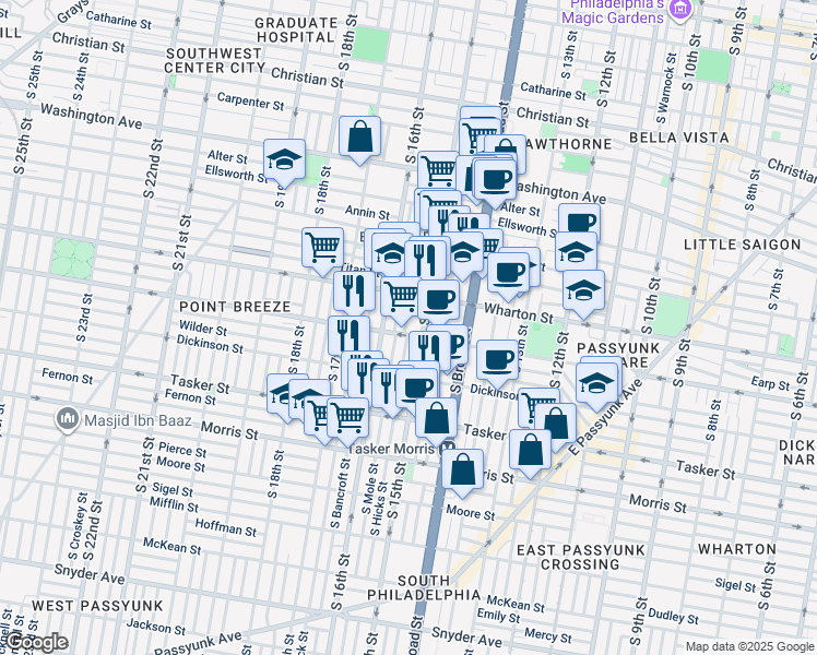 map of restaurants, bars, coffee shops, grocery stores, and more near 1339 South Hicks Street in Philadelphia