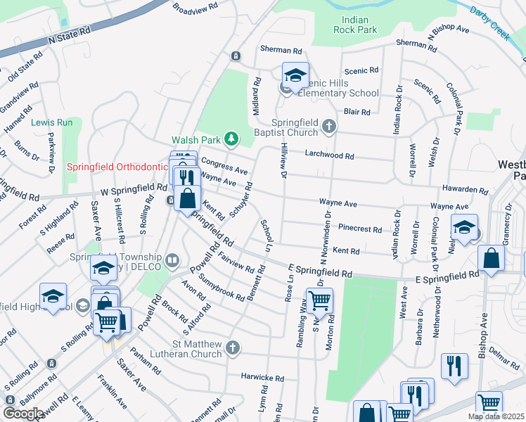 map of restaurants, bars, coffee shops, grocery stores, and more near 227 School Lane in Springfield