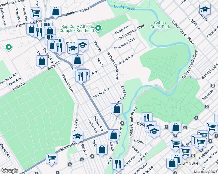 map of restaurants, bars, coffee shops, grocery stores, and more near 753 Cypress Street in Yeadon