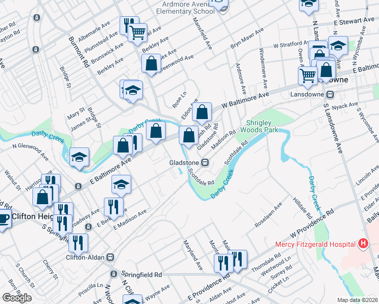 map of restaurants, bars, coffee shops, grocery stores, and more near 233 Scottdale Road in Lansdowne