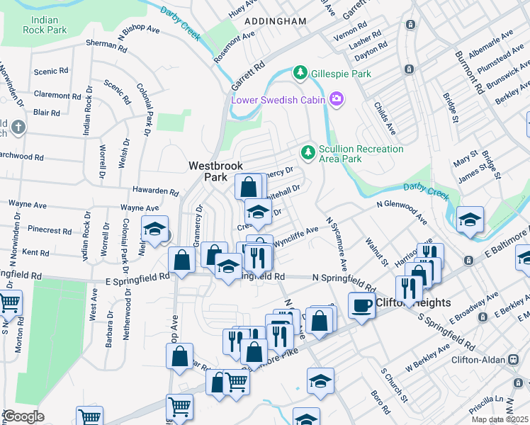 map of restaurants, bars, coffee shops, grocery stores, and more near 5214 Crestwood Drive in Clifton Heights