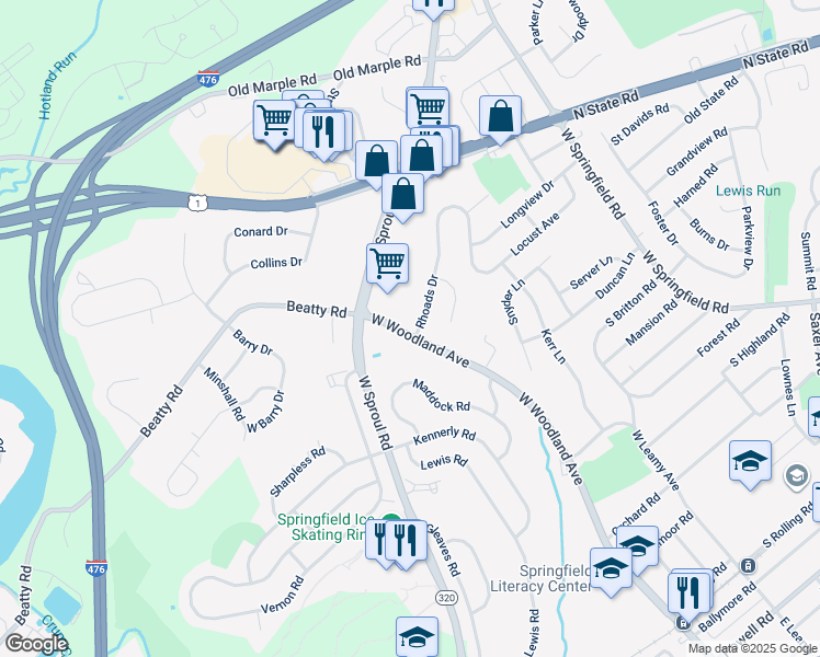 map of restaurants, bars, coffee shops, grocery stores, and more near 611 West Woodland Avenue in Springfield