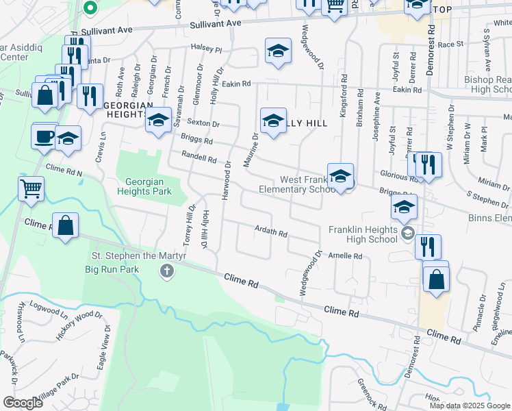 map of restaurants, bars, coffee shops, grocery stores, and more near 972 Melwood Drive in Columbus
