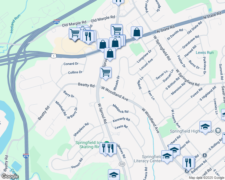 map of restaurants, bars, coffee shops, grocery stores, and more near 611 West Woodland Avenue in Springfield