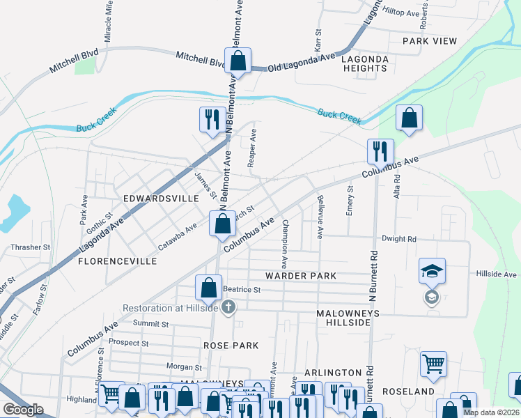 map of restaurants, bars, coffee shops, grocery stores, and more near 2134 Columbus Ave in Springfield