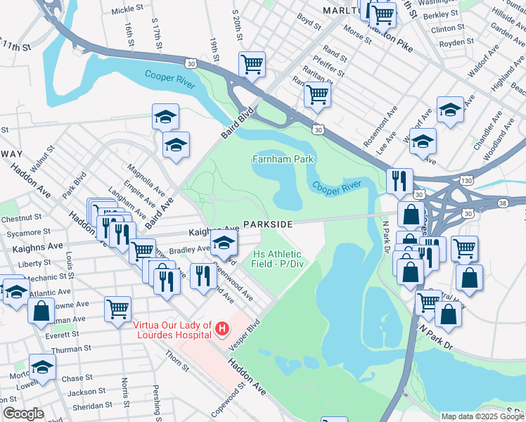 map of restaurants, bars, coffee shops, grocery stores, and more near Glenn Drive in Camden