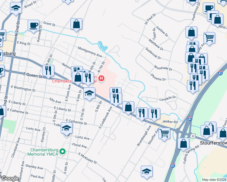 map of restaurants, bars, coffee shops, grocery stores, and more near 101 North Coldbrook Avenue in Chambersburg