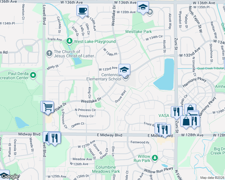 map of restaurants, bars, coffee shops, grocery stores, and more near 2926 West 131st Way in Broomfield