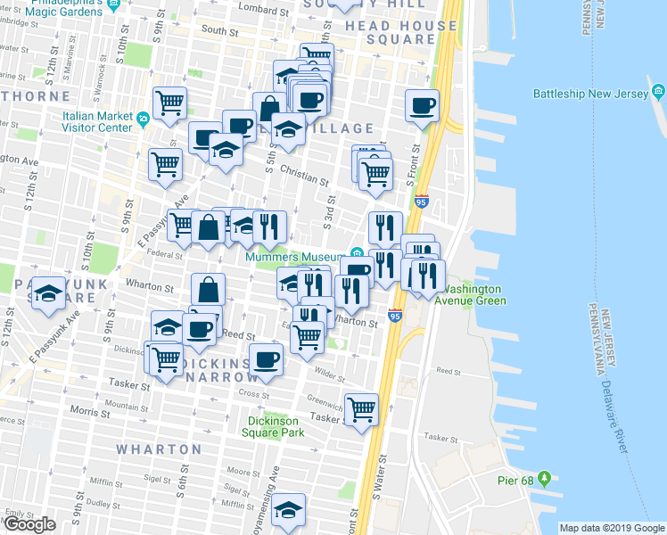 map of restaurants, bars, coffee shops, grocery stores, and more near 231 Federal Street in Philadelphia