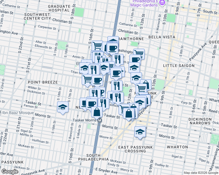 map of restaurants, bars, coffee shops, grocery stores, and more near 1323 Reed Street in Philadelphia