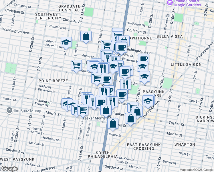 map of restaurants, bars, coffee shops, grocery stores, and more near 1403 South 15th Street in Philadelphia
