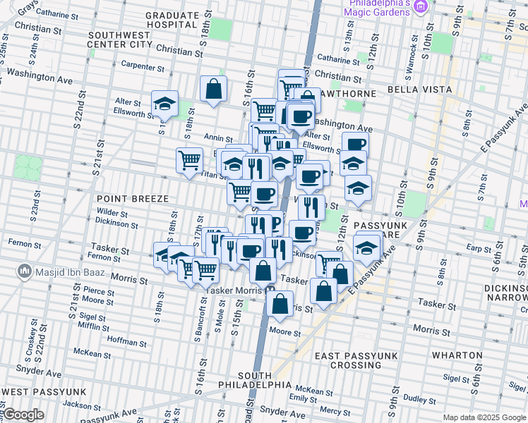 map of restaurants, bars, coffee shops, grocery stores, and more near 1403 South 15th Street in Philadelphia