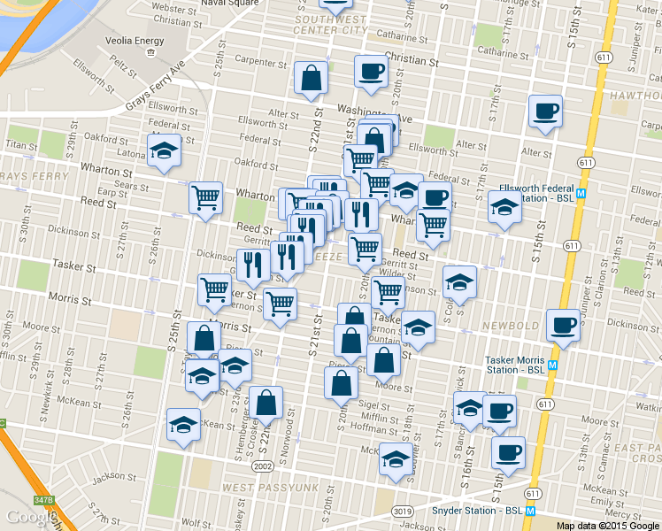 map of restaurants, bars, coffee shops, grocery stores, and more near 2106 Dickinson Street in Philadelphia