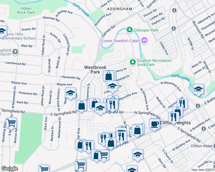 map of restaurants, bars, coffee shops, grocery stores, and more near 284 North Oak Avenue in Clifton Heights