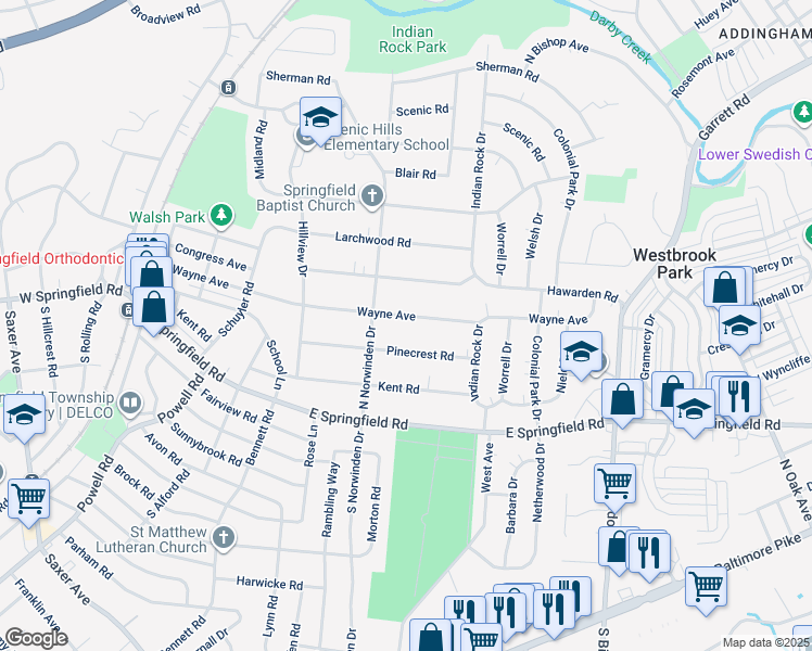 map of restaurants, bars, coffee shops, grocery stores, and more near 432 Wayne Avenue in Springfield